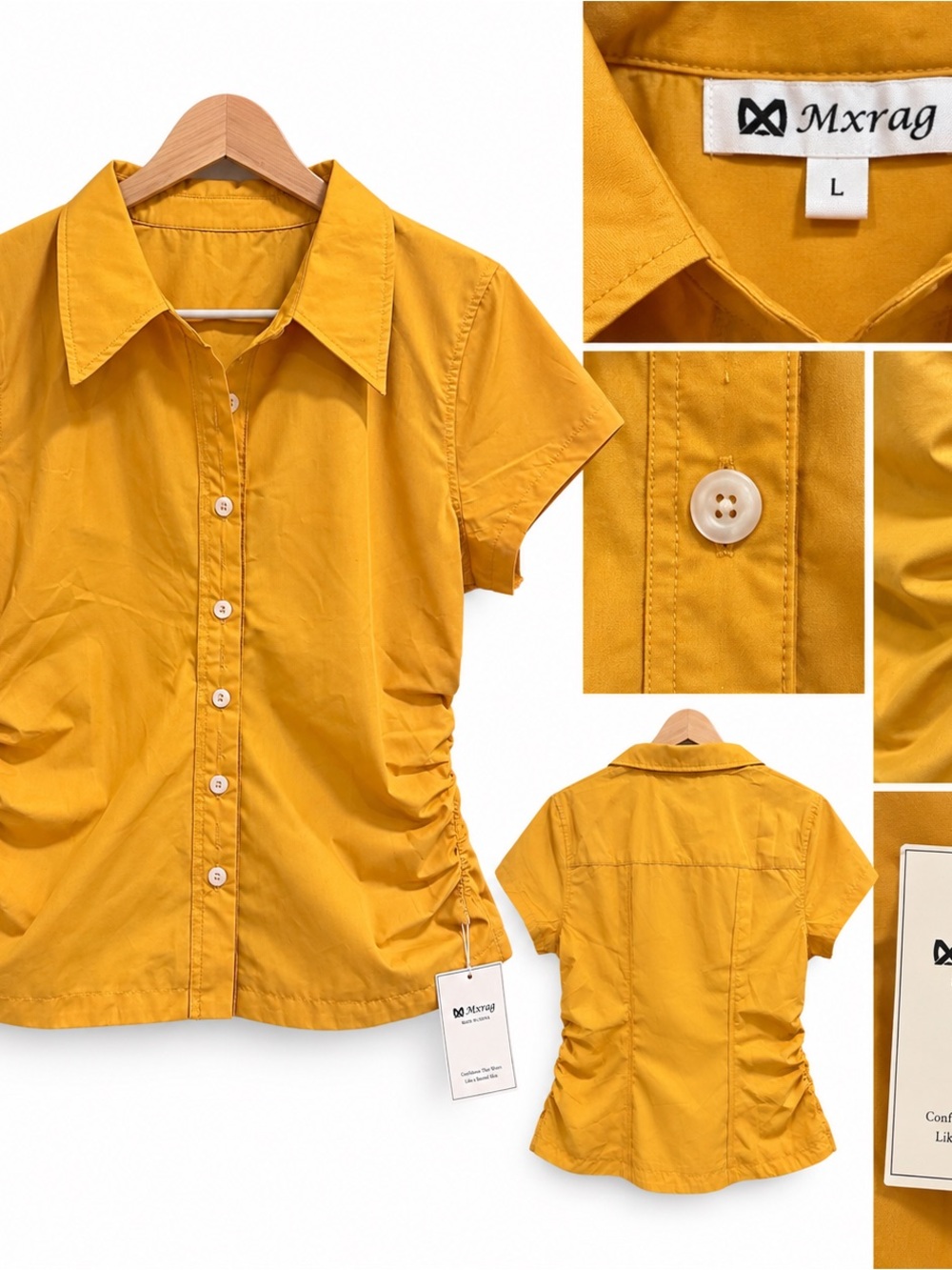 Mxrag Mustard Yellow Ruched Button-Down Blouse – Size Large NWT
